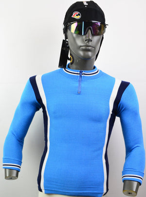 Katoenen jersey met lange mouwen Blauw Katoenen retro racefietsshirt blauw maat S